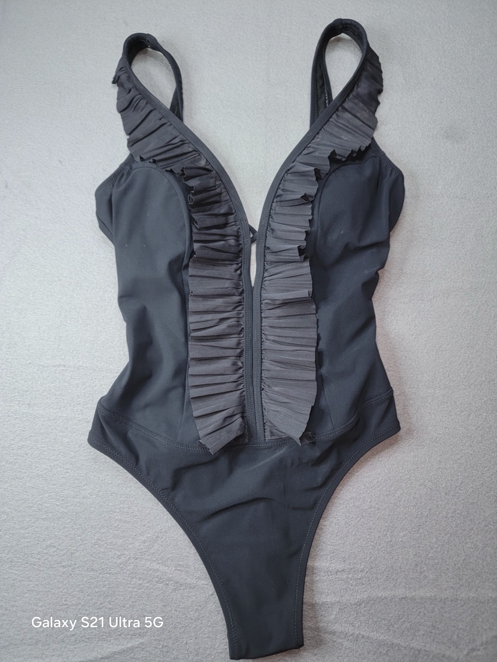 Profile By Gottex Black Ruffle-Trim Plunge Bodysuit